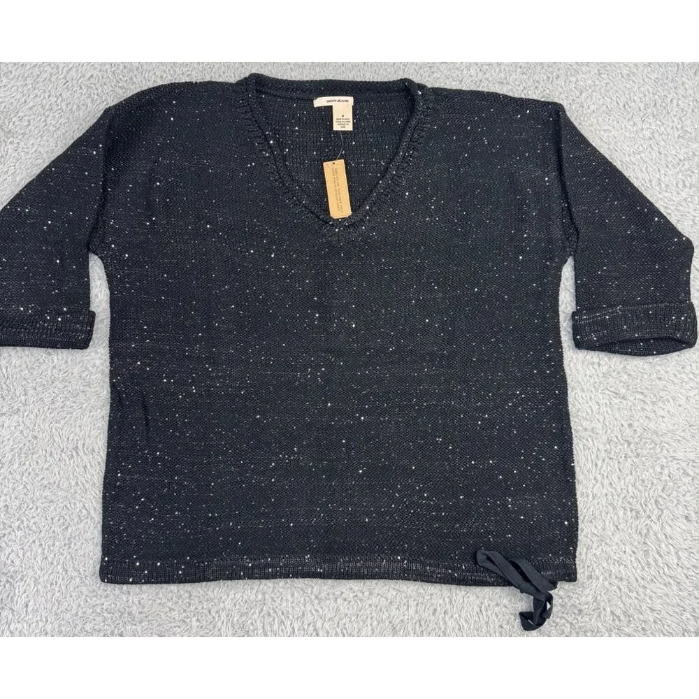DKNY Jeans Womens XL Sequin V-Neck Sweater Black Light Soft Comfortable - Picture 6 of 14